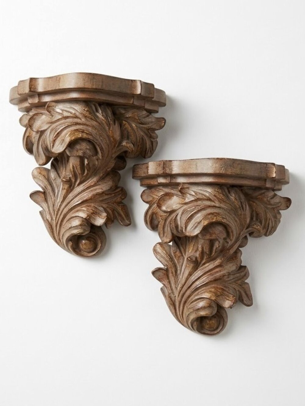 Resin Wall Shelves Ornate Acanthus Leaf Sconces Faux Wood Weathered Pair 9"